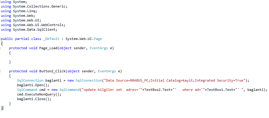Using system collections generic. EXECUTENONQUERY. Initial catalog.